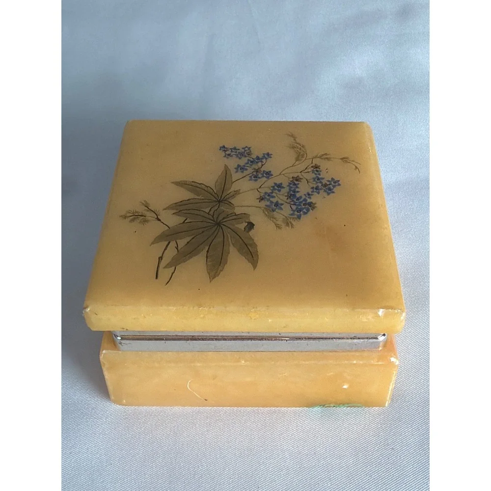 VINTAGE Trinket Box Unisex Small Yellow Good Floral Stone Square